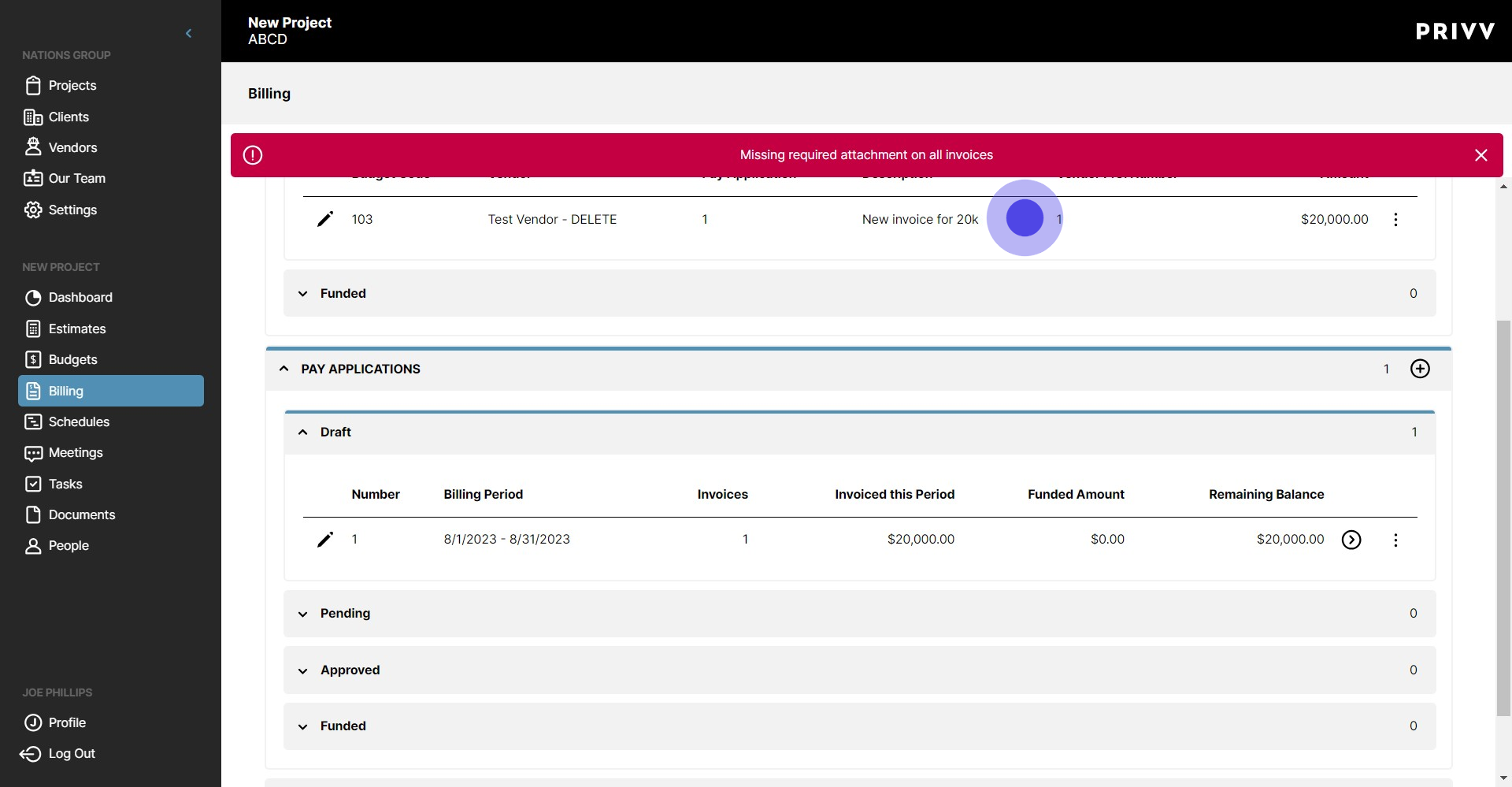 37 Click on "New invoice for 20k"