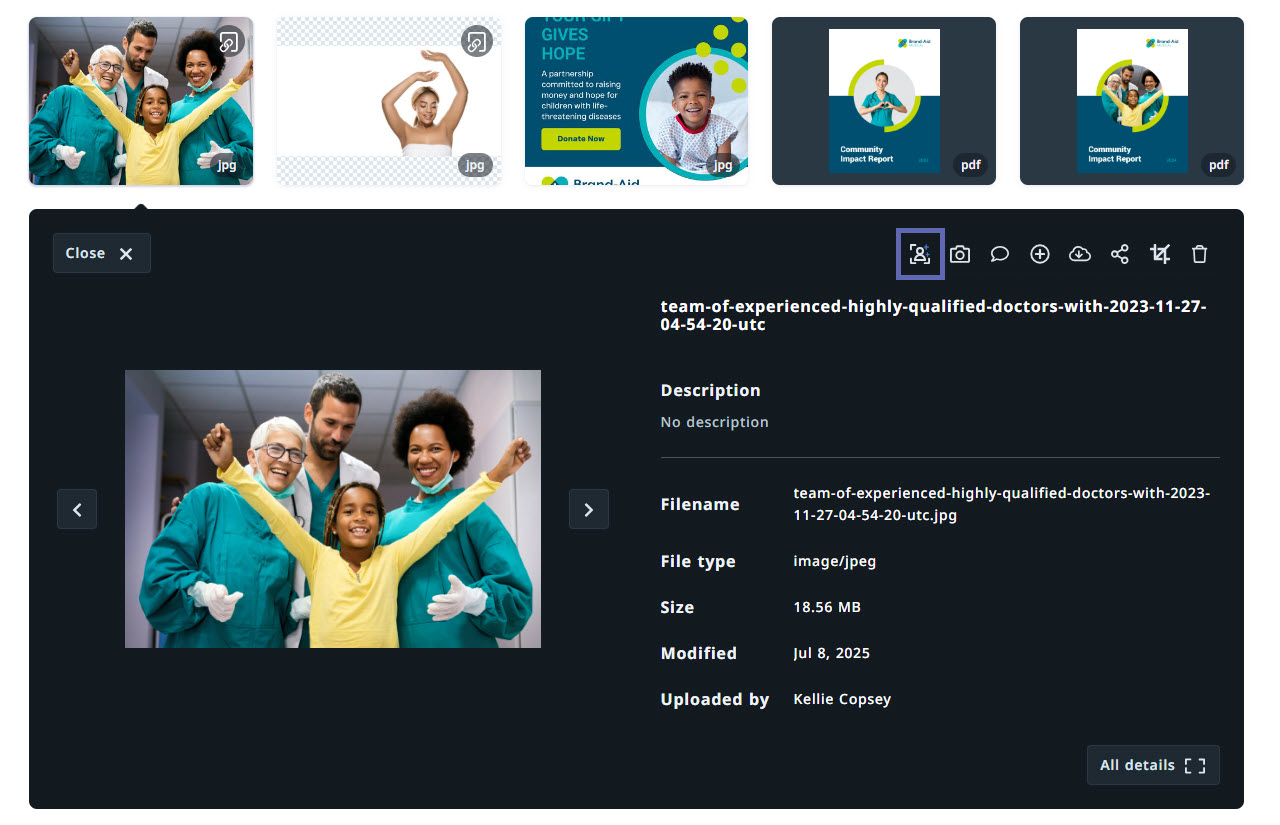 Facial recognition from full asset preview option