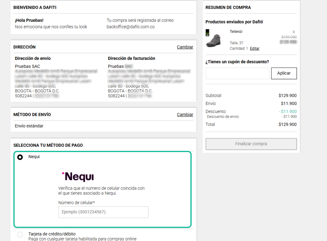 Pantalla de Dafiti seleccionando Nequi como método de pago