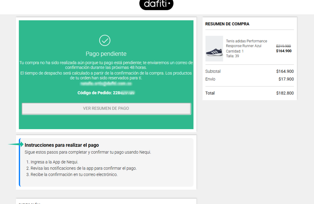 Pantalla de Dafiti con el mensaje de Pago pendiente