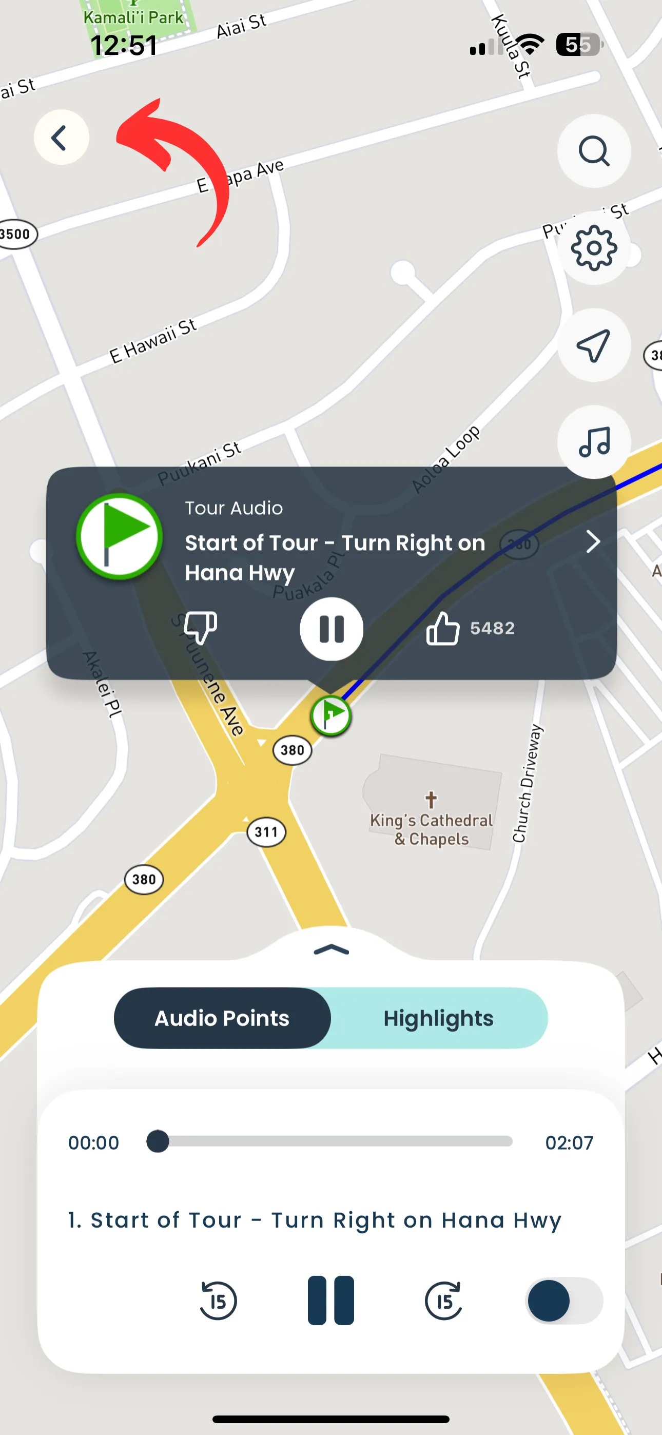 Mobile app navigation screen showing a map, audio tour card, and controls for a Shaka Guide driving tour.