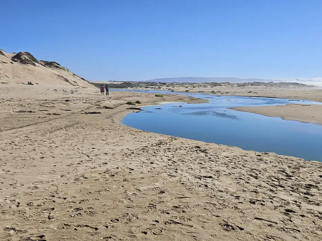 A wide-angle view of a sandy landscape where a calm, blue stream of water curves through a wide beach toward the ocean. In the background, large, light-colored sand dunes rise against a clear blue sky. Two small figures are seen walking on the sand in the distance near the water’s edge.