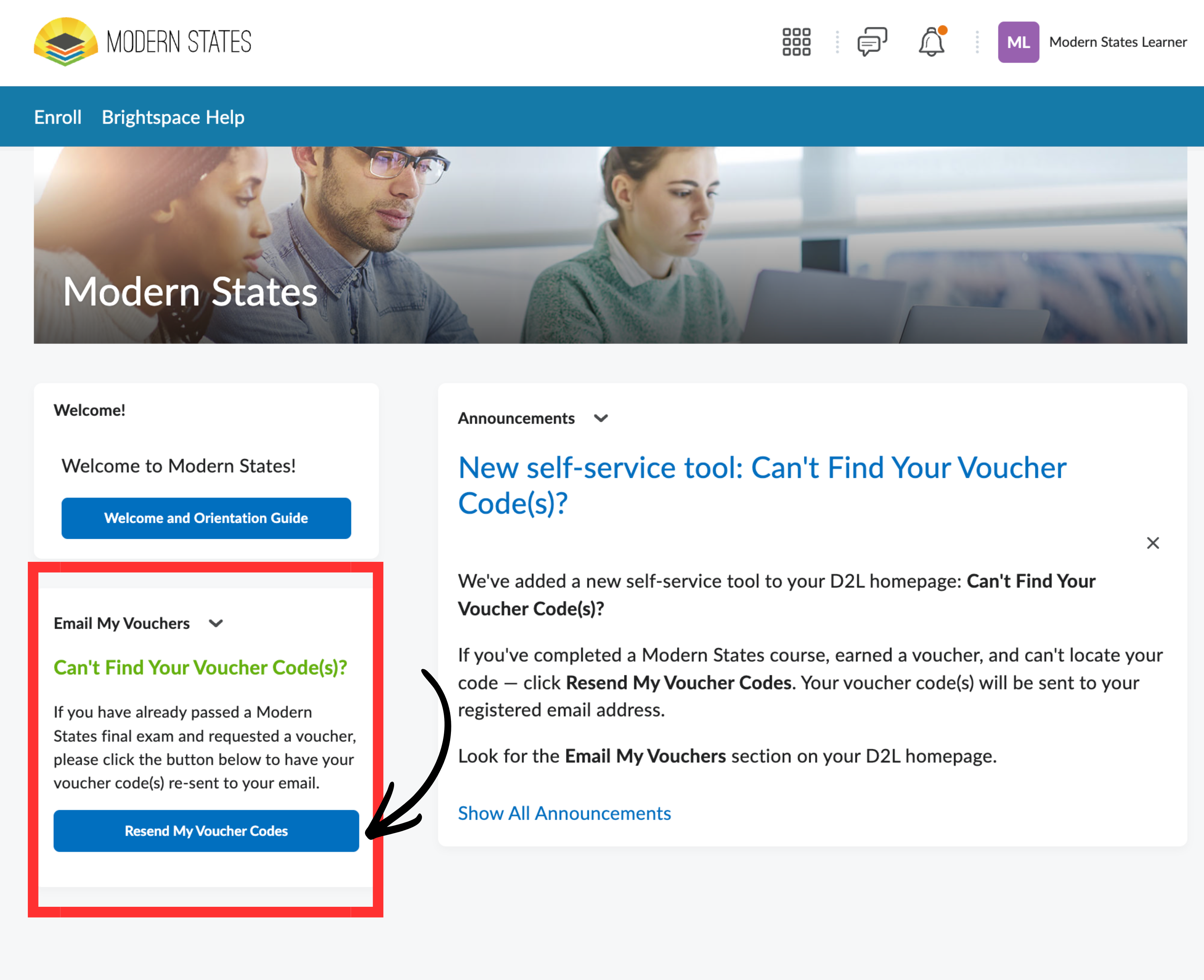 Screenshot of the Modern States D2L homepage showing the "Email My Vouchers" widget in the left panel, highlighted with a red box and arrow. The widget includes a "Resend My Voucher Codes" button and is labeled "Can't Find Your Voucher Code(s)?" A corresponding announcement on the right explains the new self-service tool.