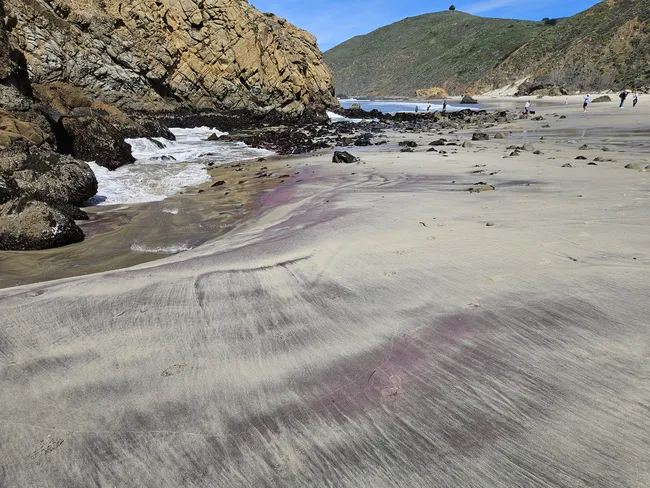 A secluded beach is framed by rugged cliffs and rocky outcrops, where waves wash across sand streaked with distinctive purple mineral deposits. The colorful patterns fan across the shoreline, creating a striking contrast against the pale sand and surrounding coastal landscape.
