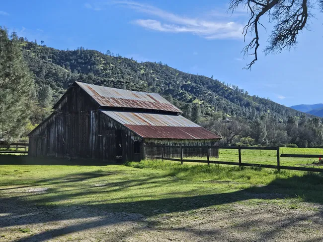 A weathered wooden barn with a rusted metal roof stands beside a fenced pasture in the Bacon Ranch area, surrounded by grassy fields and oak-covered hills beneath a clear blue sky.
