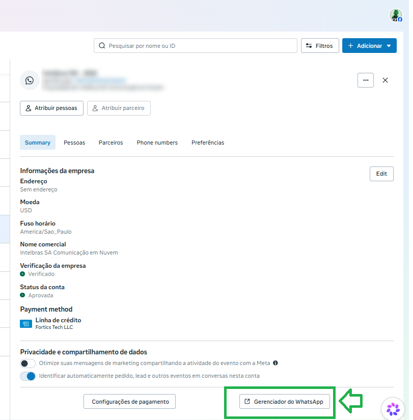 Botão Gerenciador do WhatsApp destacado nas configurações da conta