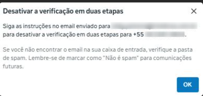 Mensagem informando que as instruções para desativar o 2FA foram enviadas por e-mail