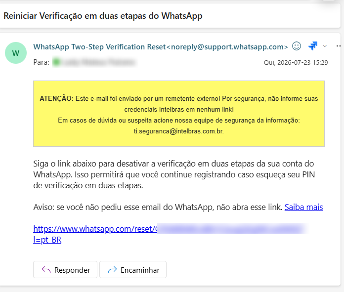 E-mail do WhatsApp com link para desativar a verificação em duas etapas