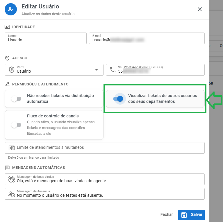 Detalhe da opção Visualizar tickets de outros usuários dos seus departamentos
