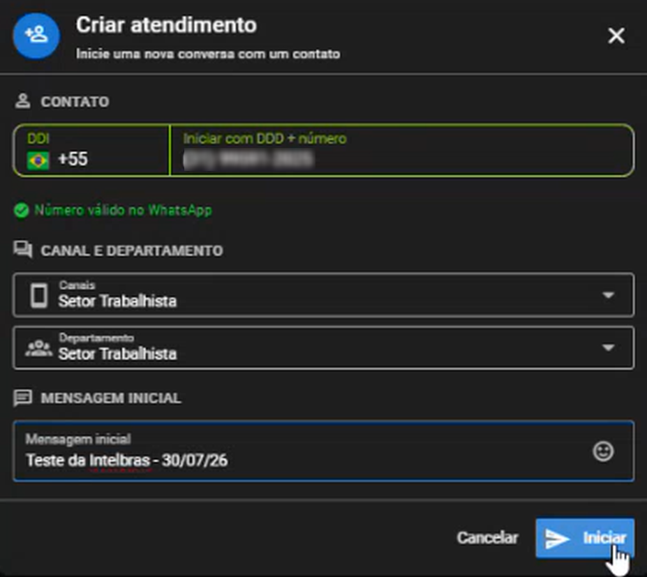 Tela Criar atendimento com número, canal, departamento e mensagem inicial preenchidos