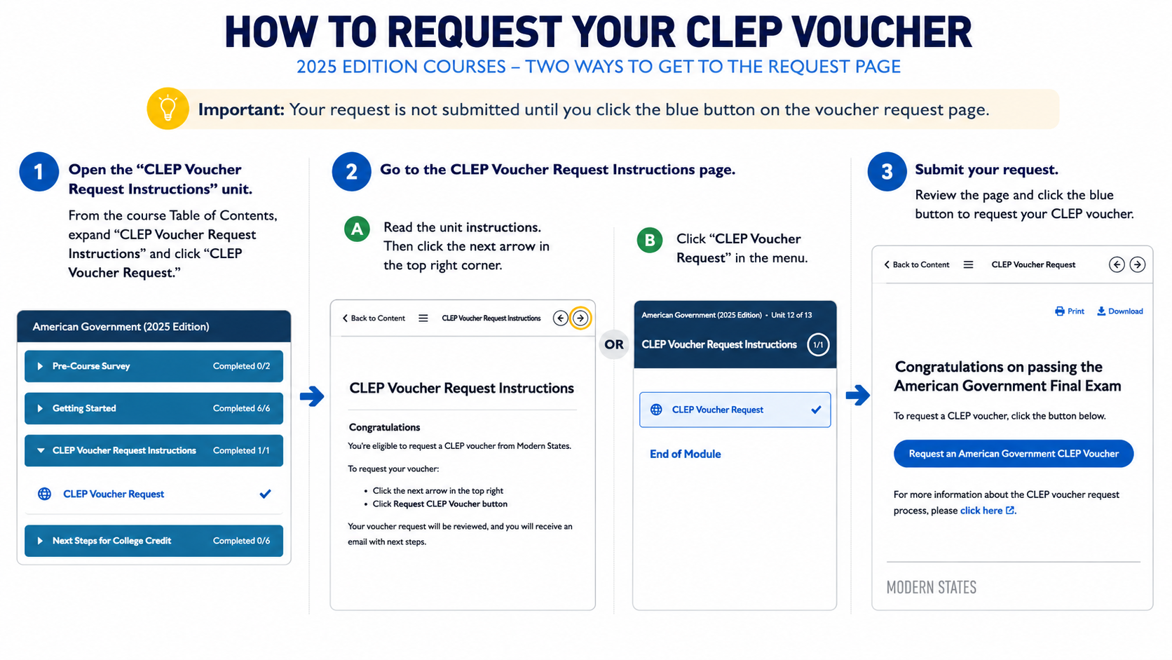 2025 Edition courses: Open “CLEP Voucher Request Instructions,” then click “CLEP Voucher Request.”
