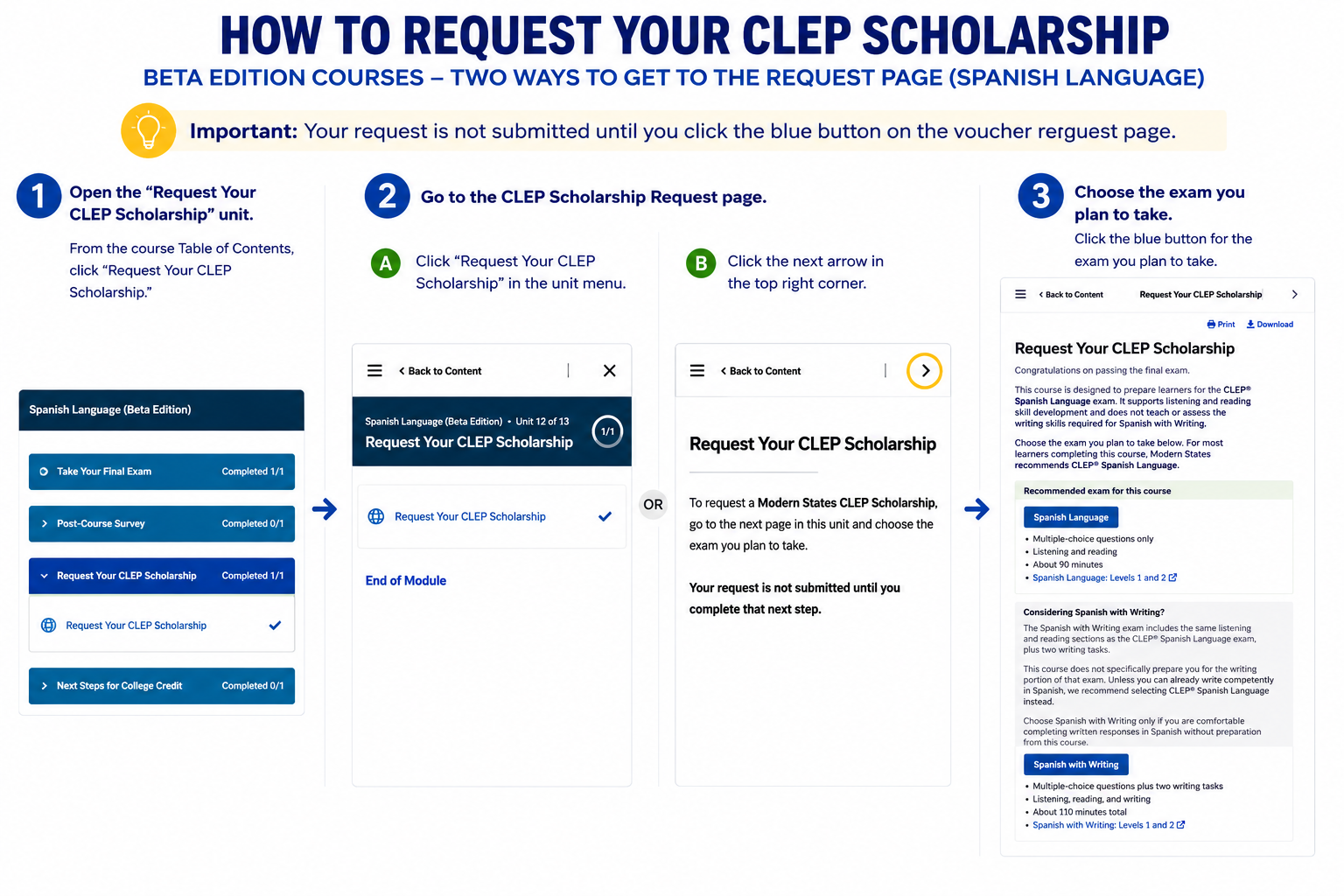Beta Edition courses: Open “Request Your CLEP Scholarship.”