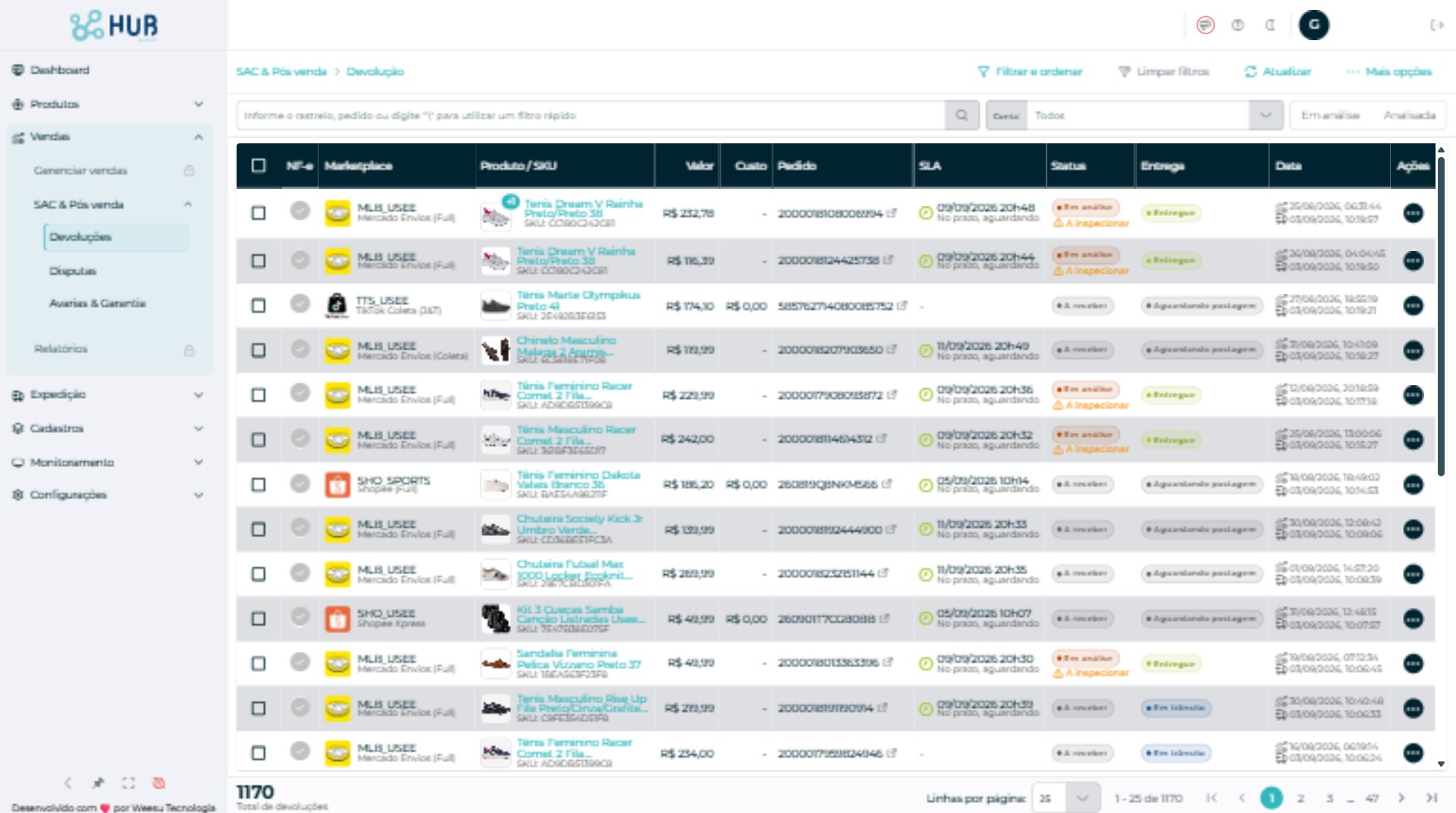 Lista de devoluções com filtro por conta e status