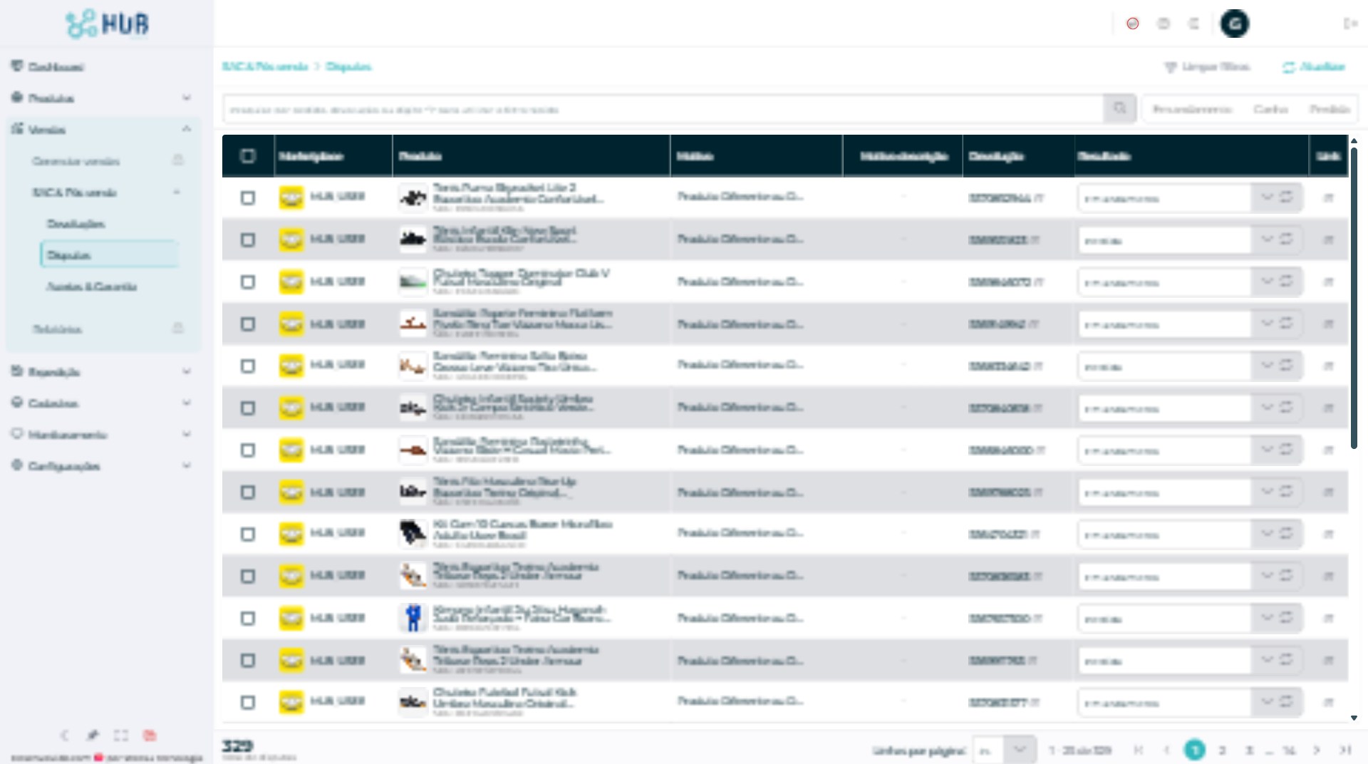 Lista de disputas com filtros por resultado e ações por linha