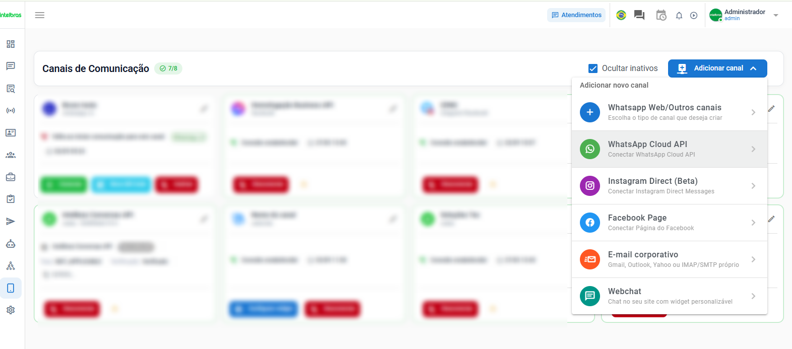 Menu Adicionar novo canal com a opção WhatsApp Cloud API em destaque