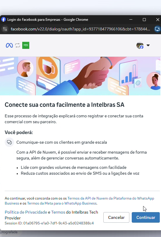 Janela do Facebook para Empresas com a tela Conecte sua conta facilmente e o botão Continuar