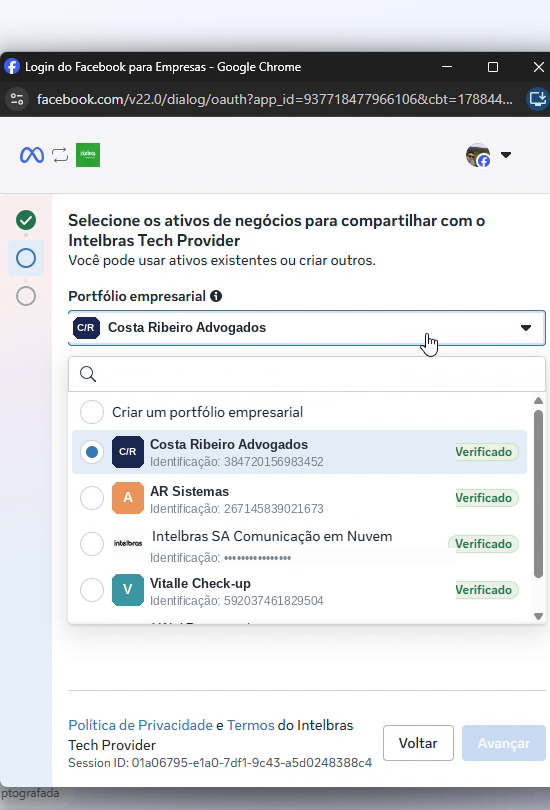 Tela Selecione os ativos de negócios com a lista de portfólios empresariais disponíveis