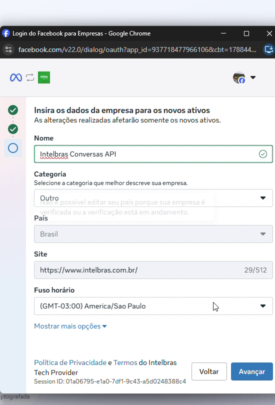 Formulário Insira os dados da empresa para os novos ativos com Nome, Categoria, País, Site e Fuso horário