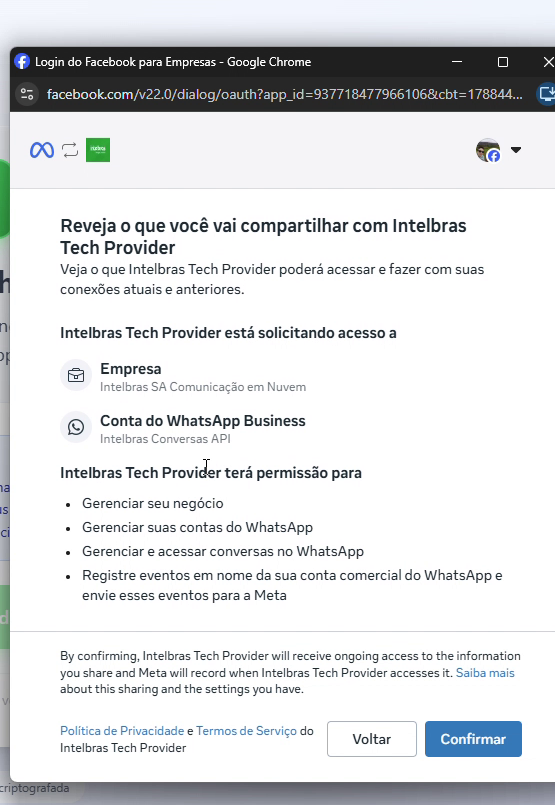 Tela Reveja o que você vai compartilhar com Intelbras Tech Provider, listando os ativos e permissões