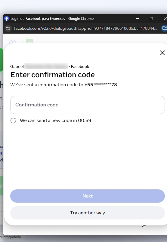 Tela Enter confirmation code para verificação da conta pessoal do Facebook