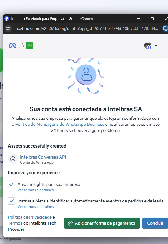 Tela de sucesso Sua conta está conectada, com os ativos criados e o botão Concluir