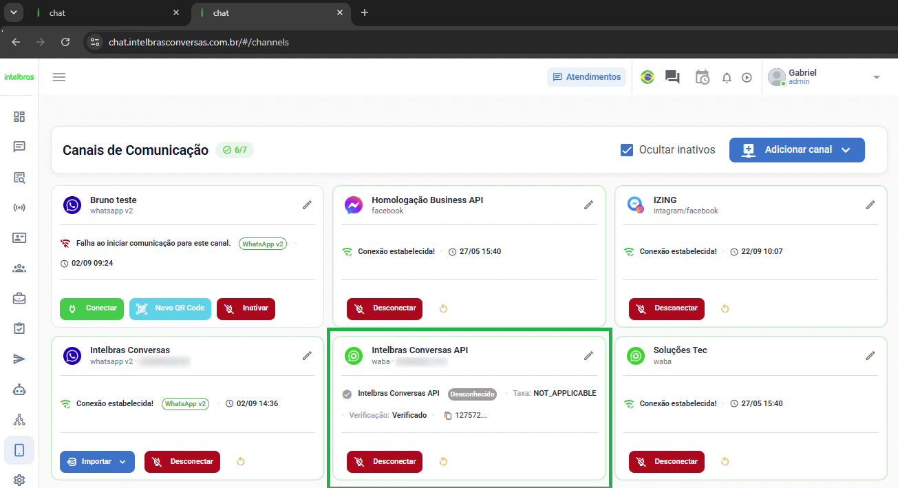 Tela Canais de Comunicação com o novo canal WhatsApp Cloud API listado como Conexão estabelecida e Verificado