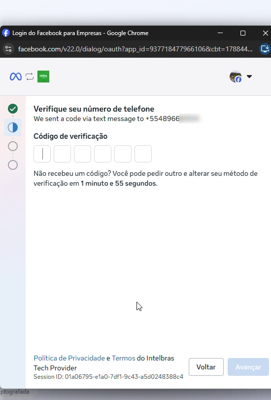 Tela Verifique seu número de telefone com o campo de código de verificação