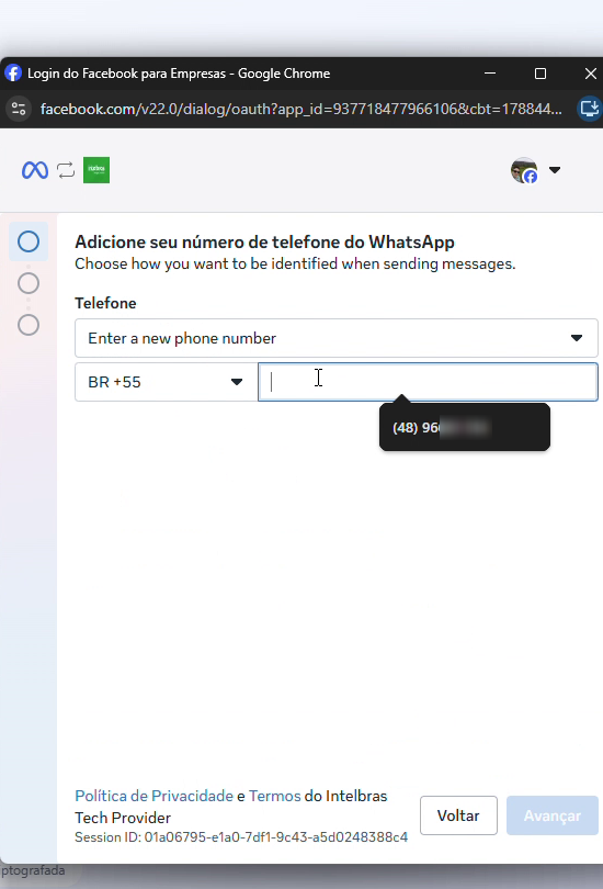 Formulário Adicione seu número de telefone do WhatsApp, com seletor de DDI e campo de telefone