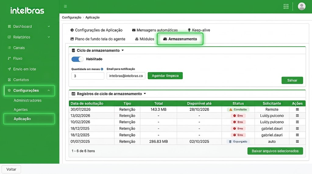 Tela do Wide Chat com o caminho Configurações, Aplicação e Armazenamento
