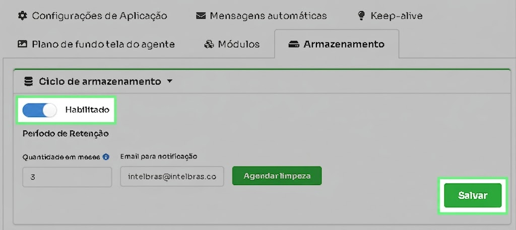 Configuração do ciclo de armazenamento com botão Salvar