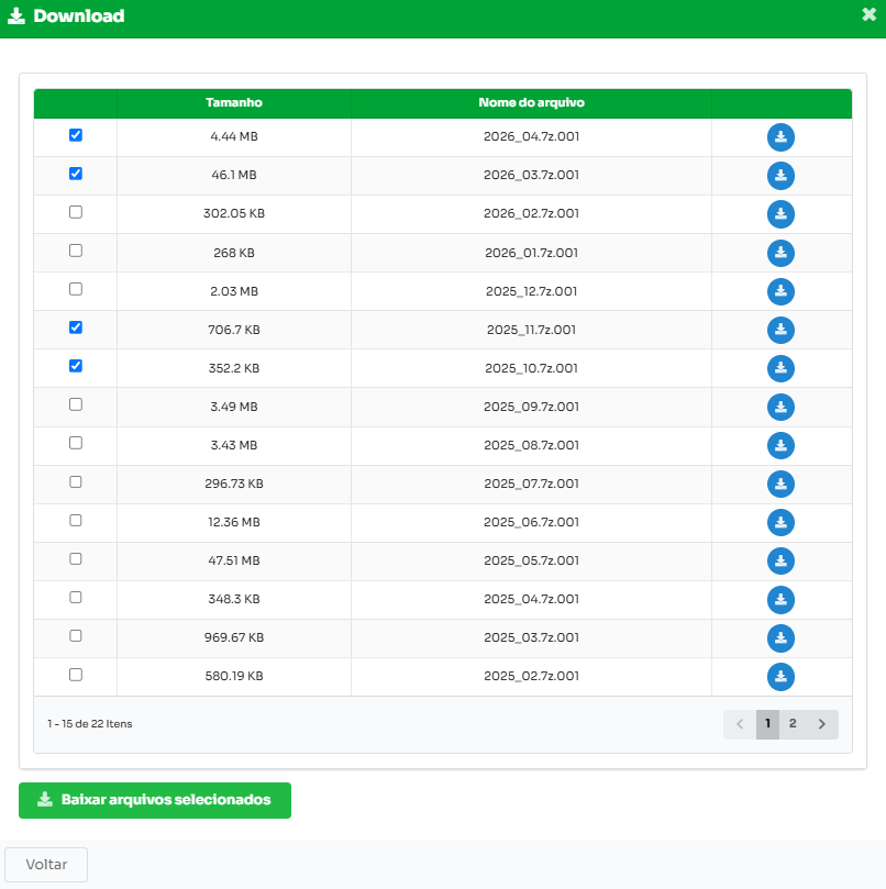Tela de download com seleção de arquivos e paginação