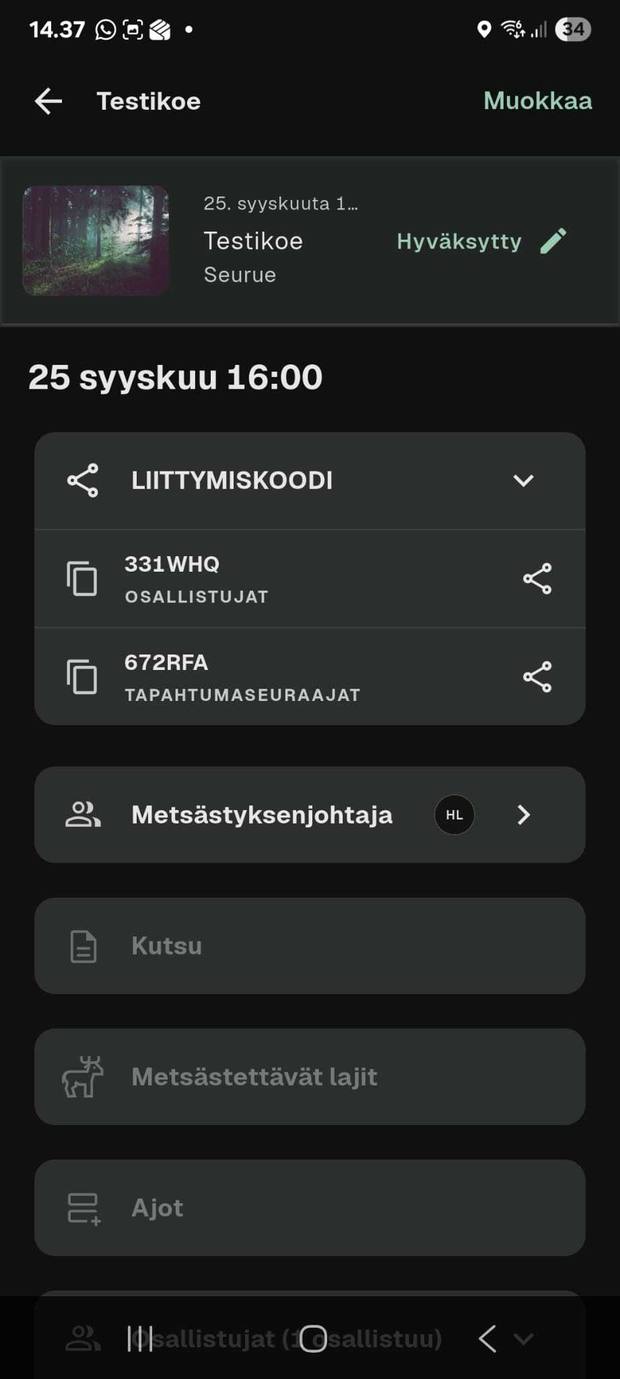 Jahtinäkymä, jossa kaksi liittymiskoodia: osallistujat ja tapahtumaseuraajat