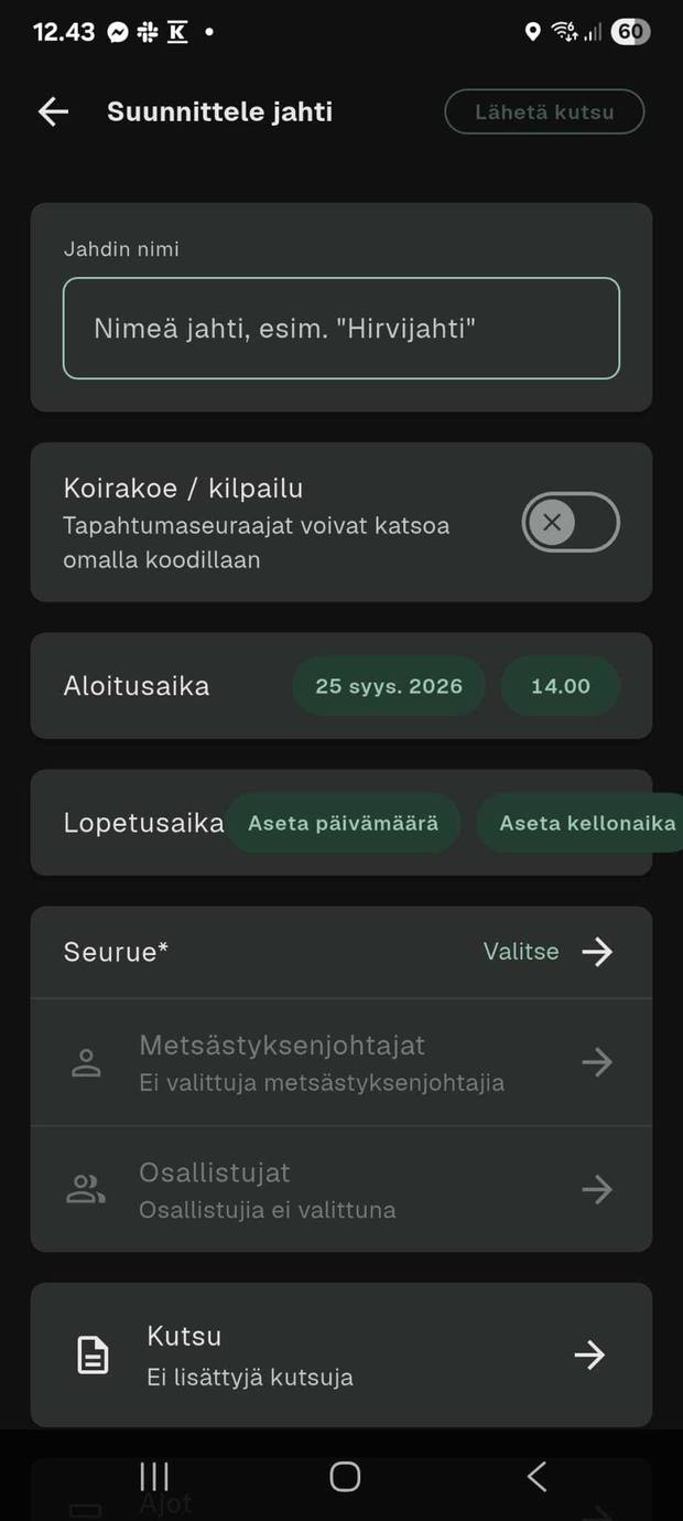 Suunnittele jahti -näkymä, jossa Koirakoe / kilpailu -kytkin