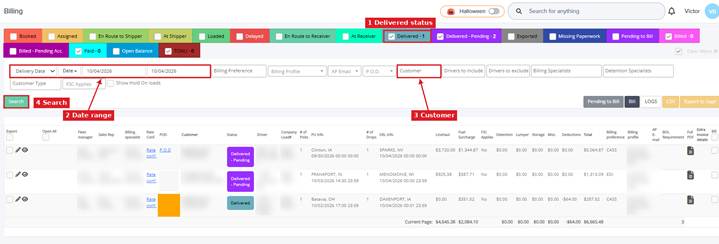 Billing page with the Delivered status, date range, Customer filter and Search button marked
