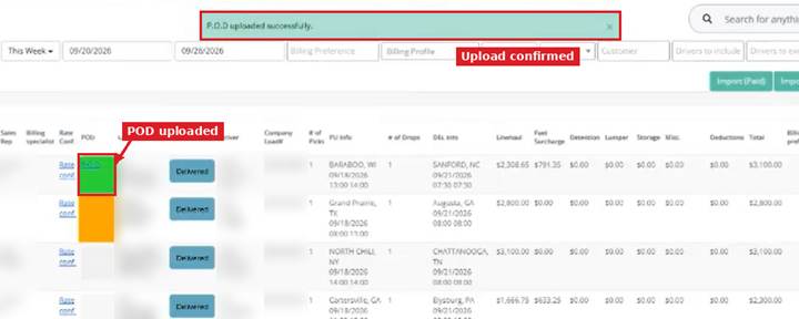 Billing page after uploading a POD, with the confirmation message and the POD link marked