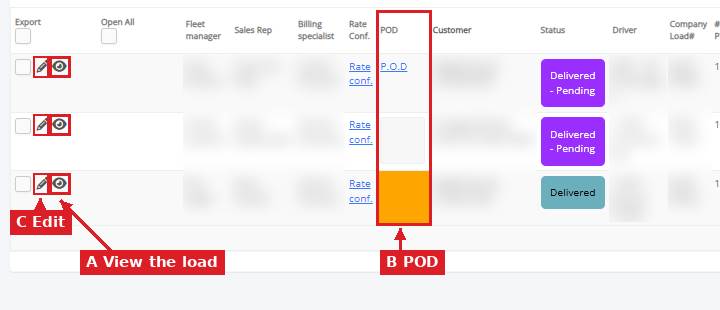 Billing table with the eye icon, POD column and pencil icon marked