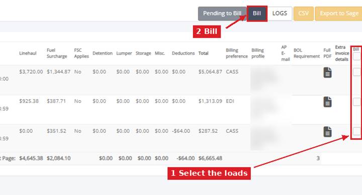 Bill checkboxes and the Bill button on the Billing page