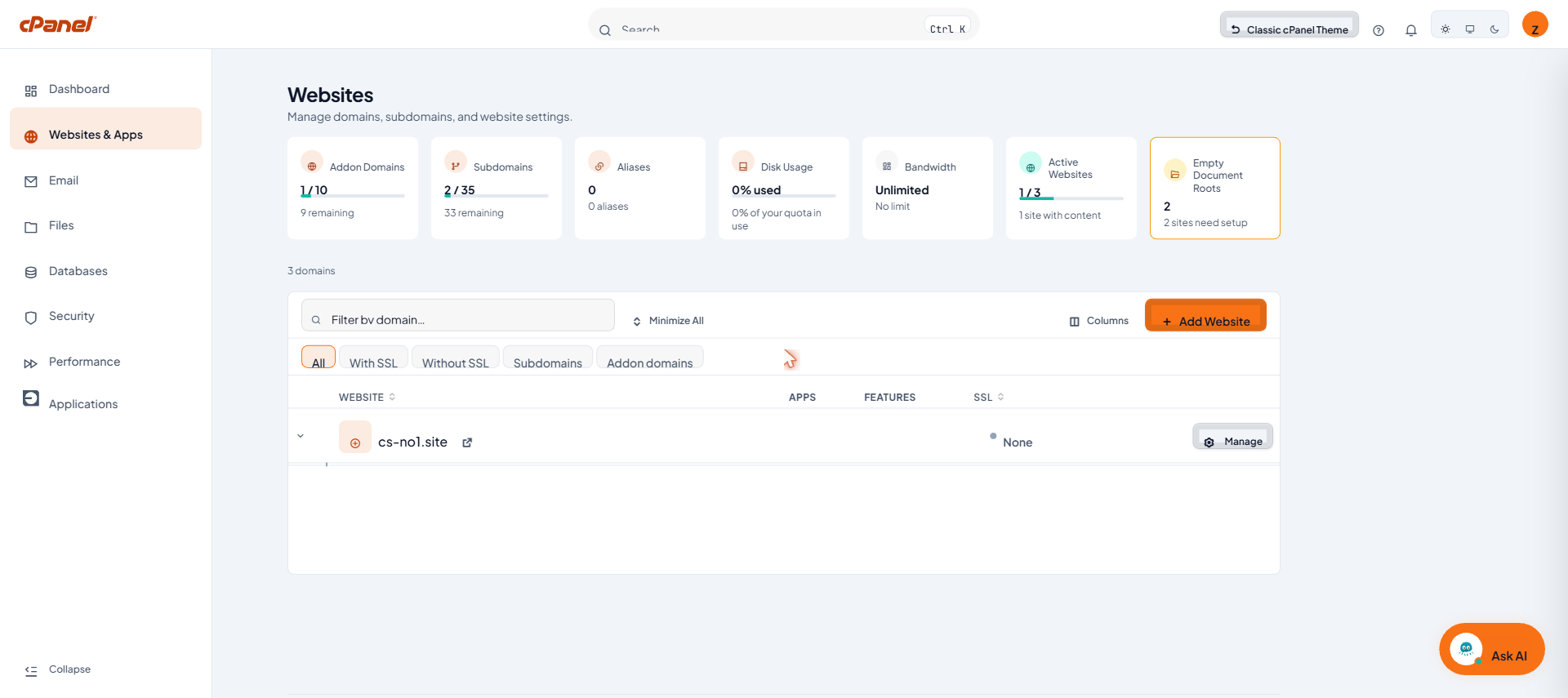 หน้า Websites & Apps แสดงการ์ดสรุปด้านบนและรายการโดเมน