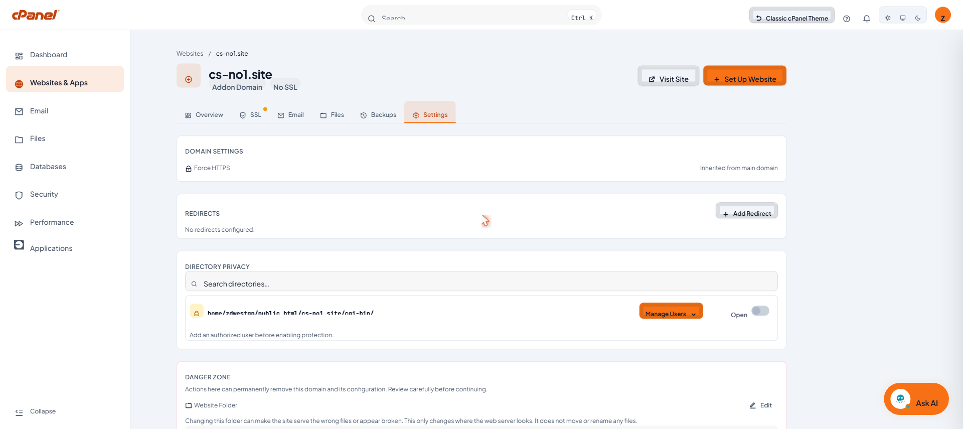 แท็บ Settings ของเว็บไซต์