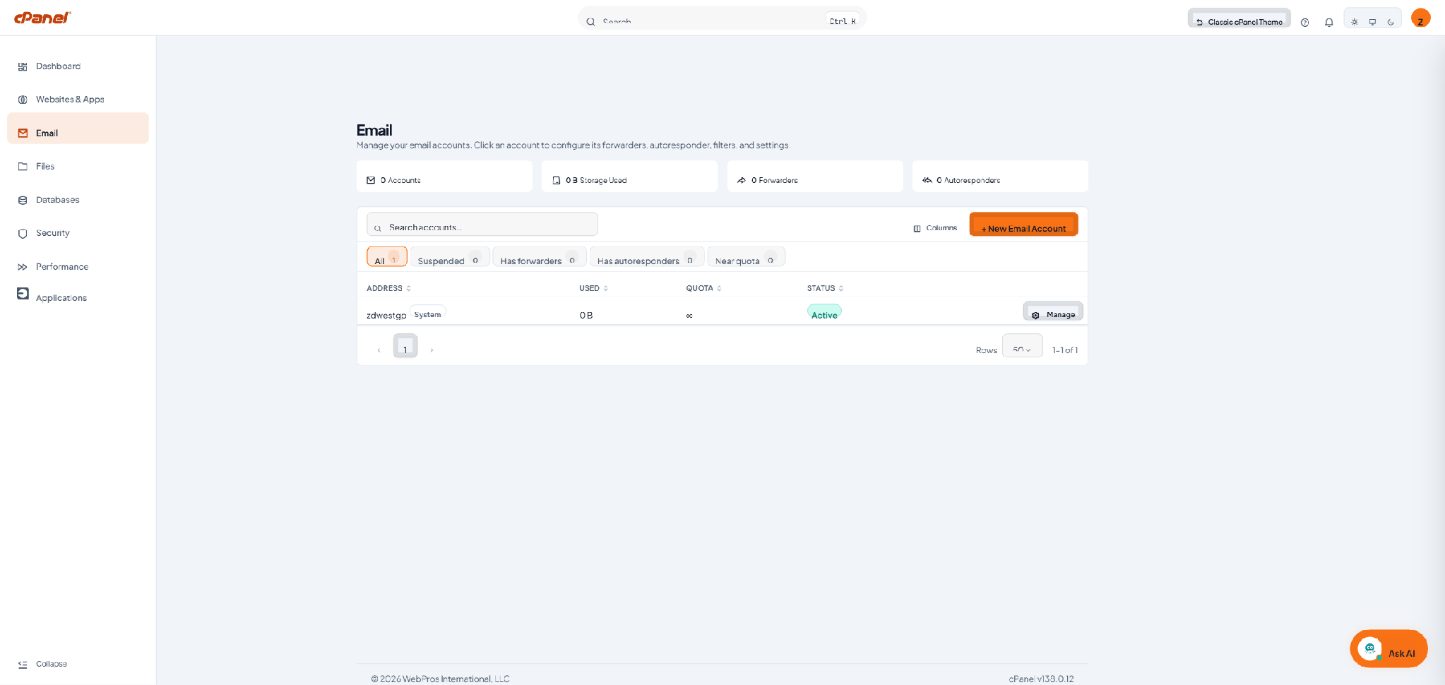 หน้า Email แสดงการ์ดสรุป ตัวกรอง รายการบัญชี และปุ่ม + New Email Account