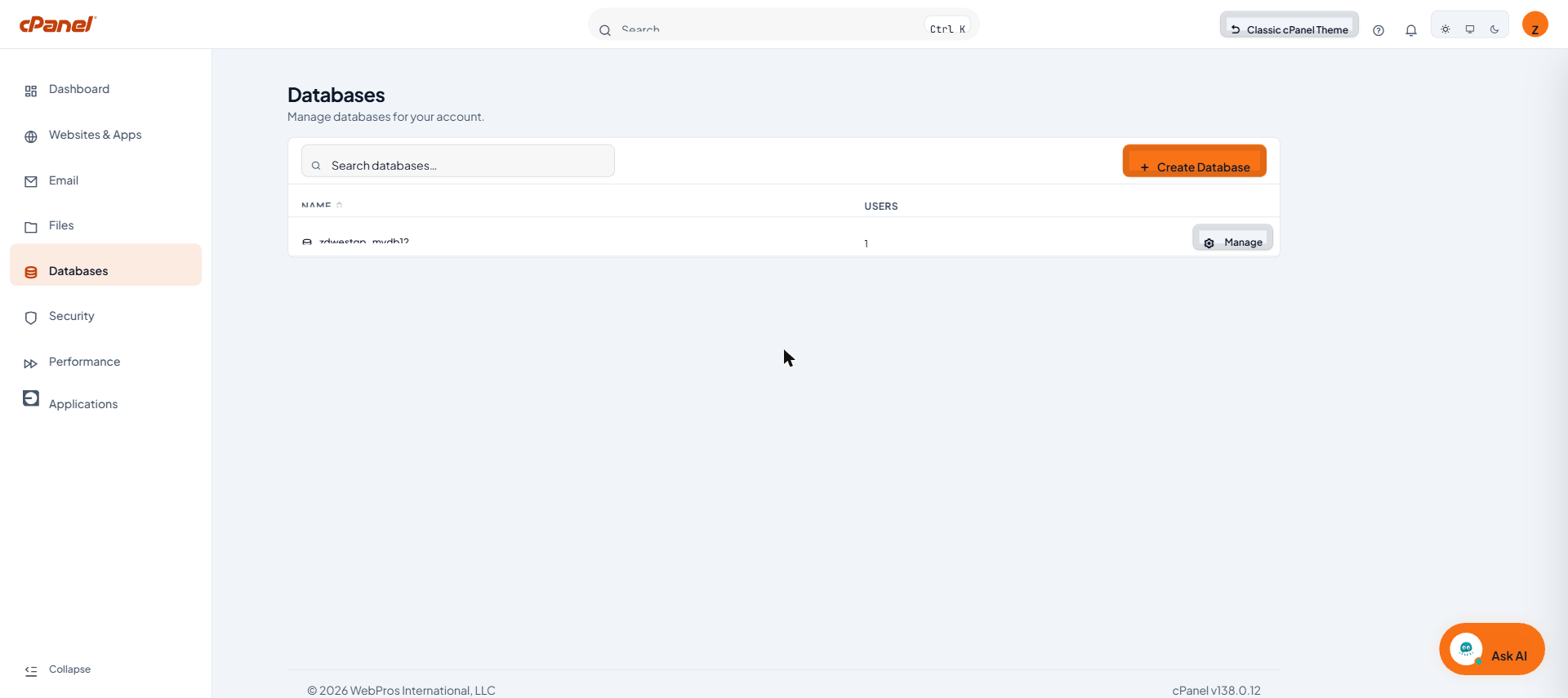 ภาพที่ 1: หน้า Databases แสดงรายการฐานข้อมูล ช่องค้นหา และปุ่ม + Create Database