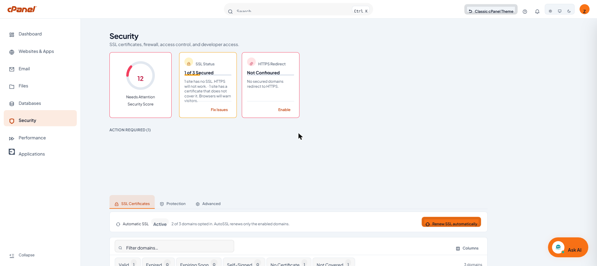 หน้า Security แสดง Security Score, SSL Status, HTTPS Redirect และแท็บ SSL Certificates