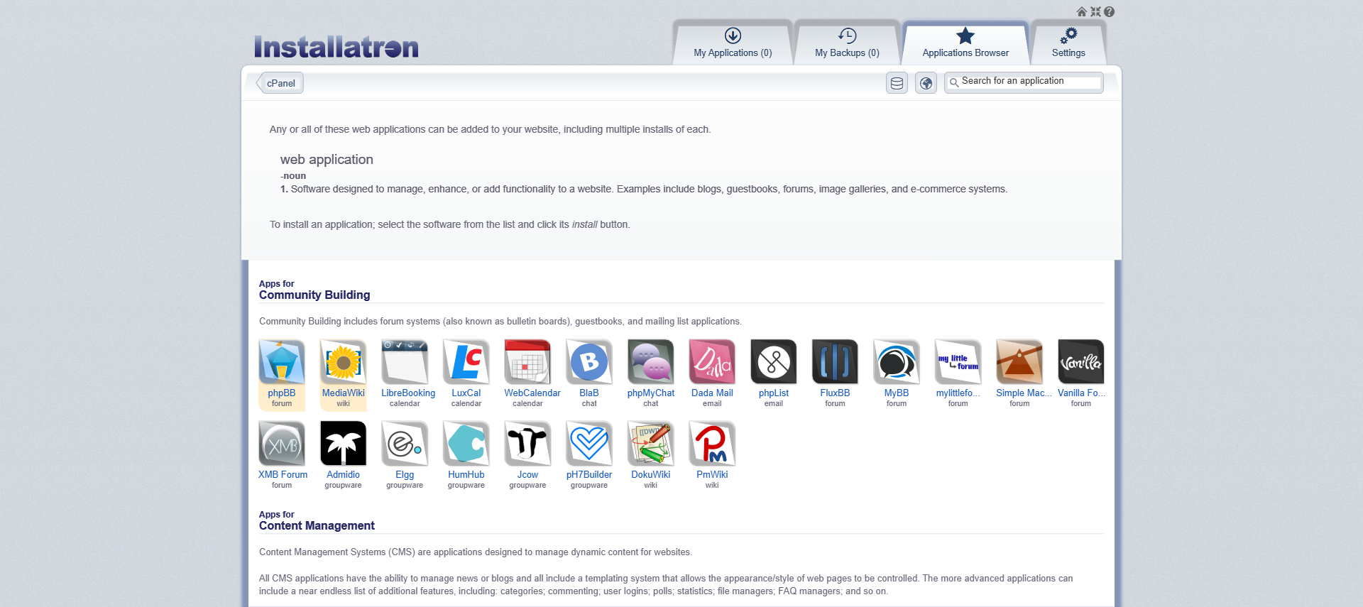 หน้า Installatron Applications Browser