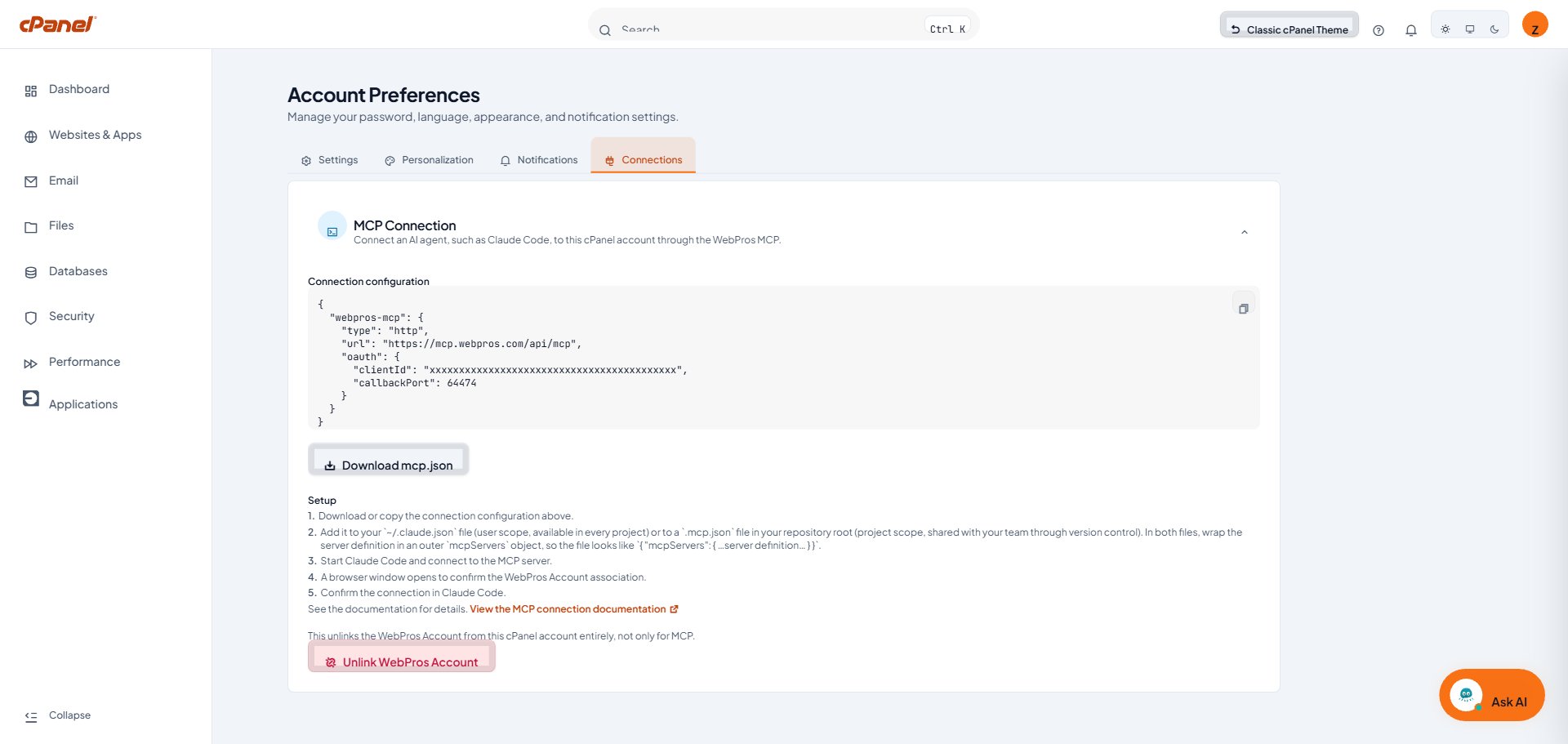 หน้า Account Preferences แท็บ Connections ส่วน MCP Connection