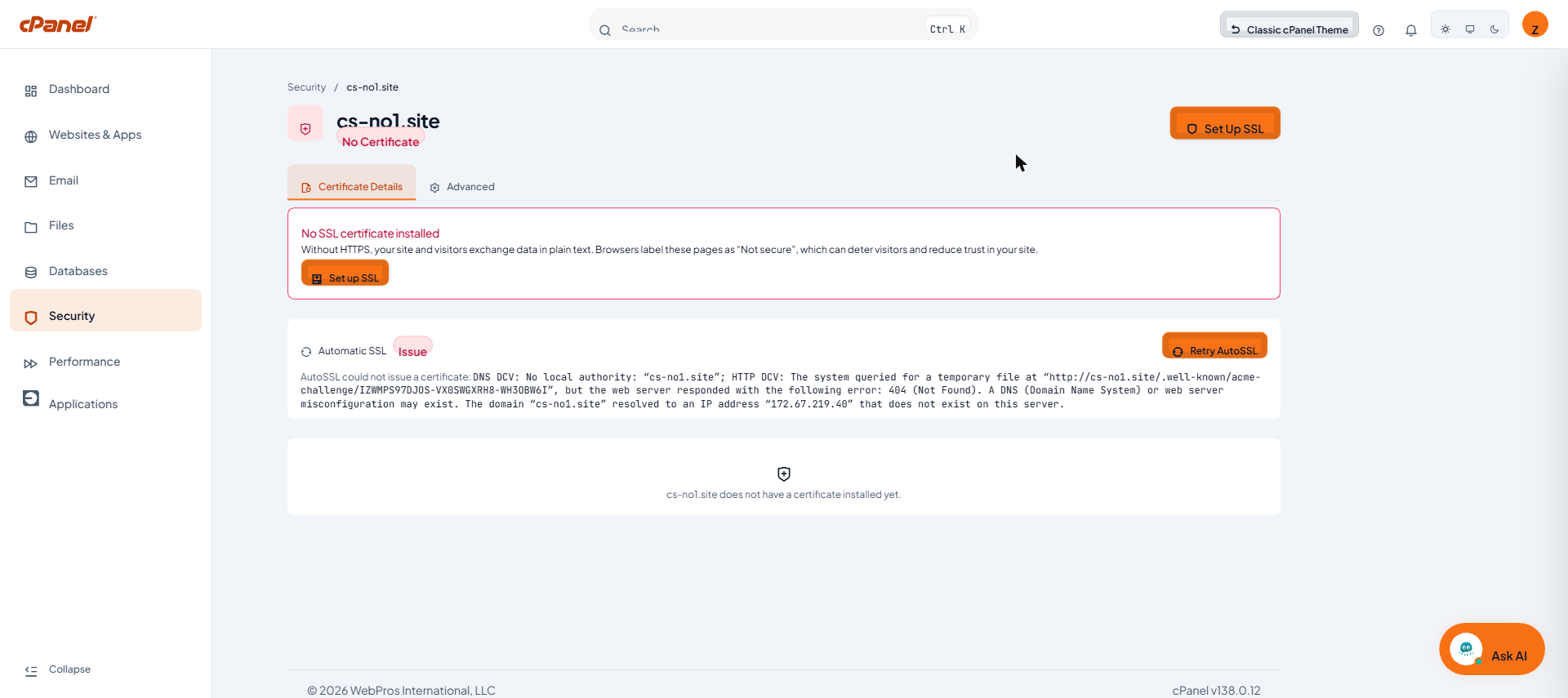 หน้า Certificate Details ของโดเมนที่ยังไม่มีใบรับรอง