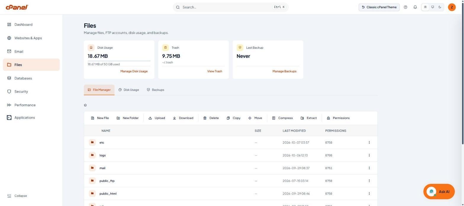 แท็บ File Manager แสดงไฟล์และโฟลเดอร์ใน Home directory