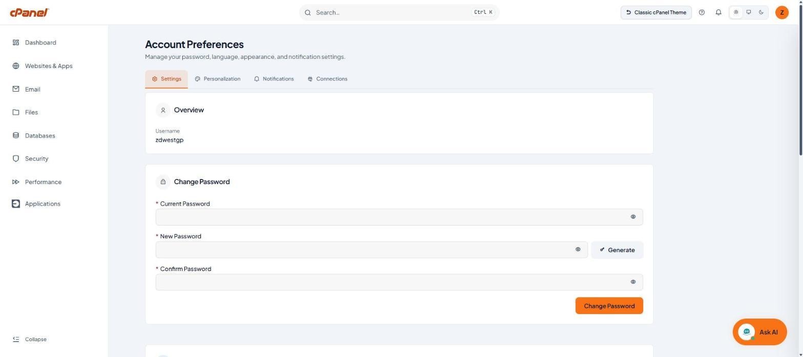 แท็บ Settings ส่วน Change Password