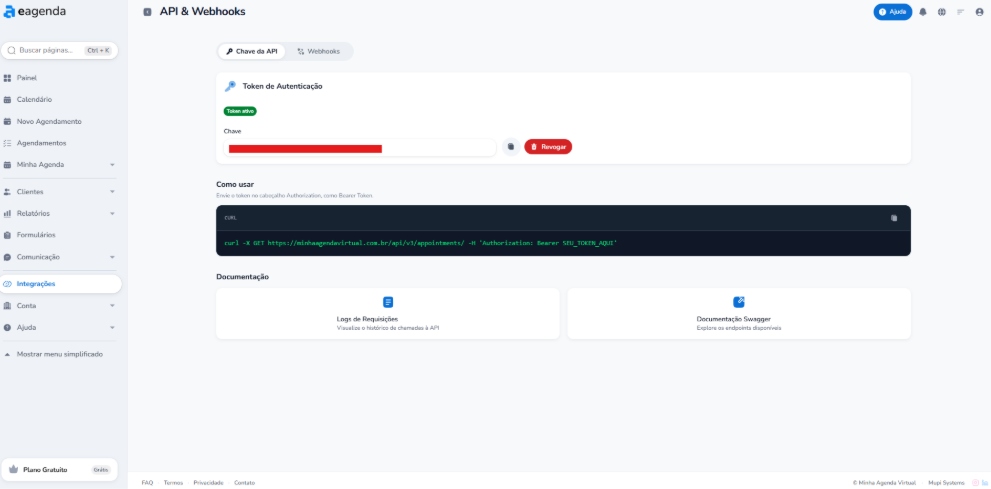 Figura 2C Criação e cópia do token de autenticação Tela API e Webhooks com token de autenticação ativo, botão de cópia e exemplo de uso como Bearer Token.