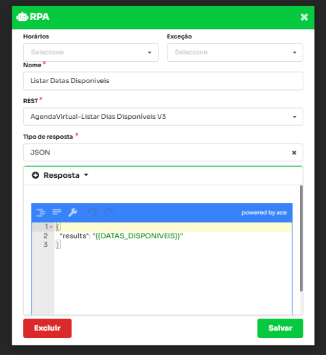 Figura 4 RPA e mapeamento das datas Tela do componente RPA Listar Datas Disponiveis com results associado a DATAS_DISPONIVEIS.
