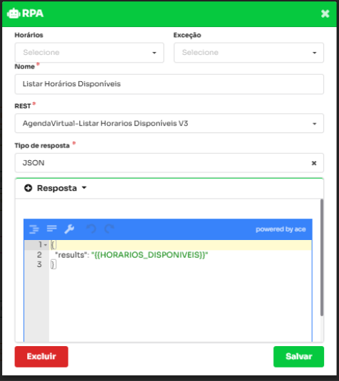 Figura 10 RPA e mapeamento dos horários Tela do RPA Listar Horários Disponíveis com results associado a HORARIOS_DISPONIVEIS.